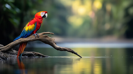 Wall Mural - Scarlet Macaw, perched on a dry tree branch on the edge of a rainforest river, Ai generated images