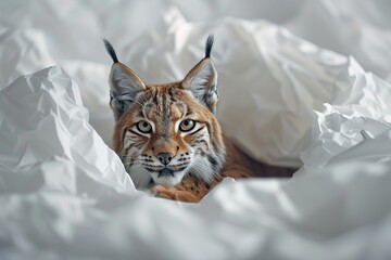 Canvas Print - Lynx Peeking Out from White Bedding