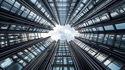 Poster - A View Upward Through a Glass and Steel Modern Building