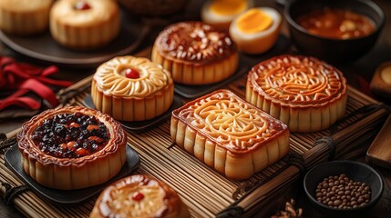 Traditional Chinese Mooncakes with Ornate Designs Displayed on Wooden Planks Surrounded by Festive Decorations