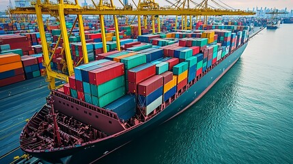 Aerial view of a large cargo ship loaded with colorful shipping containers in a bustling port.