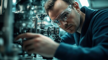 Poster - A Man Wearing Safety Glasses Works with a Metal Machine