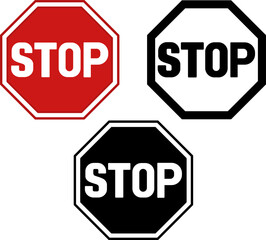 Sticker - Stop Signs. Prohibitory Road Signs. Mandatory Short-Term Stopping of Vehicles. Red, Black, and White Vector Icons