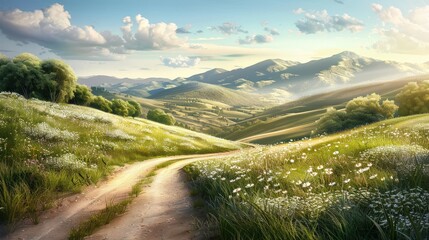 farm road with a backdrop of rolling hills covered in wild grasses and flowers.