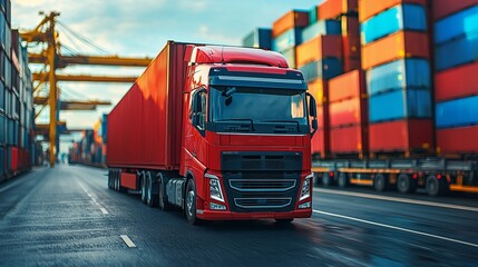 A vibrant red truck navigates through a busy port, surrounded by colorful shipping containers under a clear blue sky.