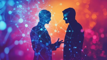 Poster - Silhouettes of Two Men Interacting Within a Digital Network