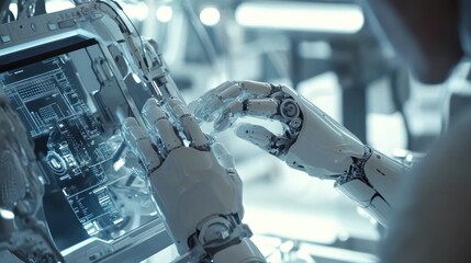 Poster - A robotic hand interacts with a digital display interface.