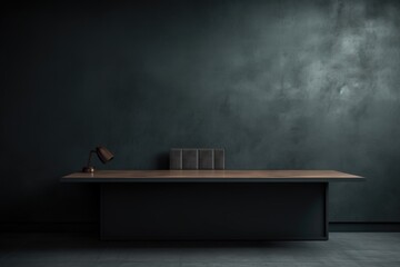 dark wall background. Empty workplace  in front of an abstract package.