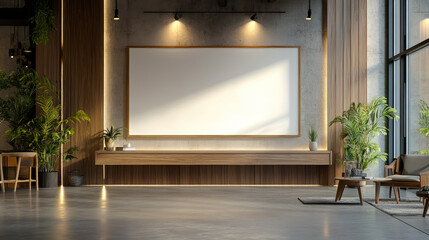 Wall Mural - A large white wall with a black frame and a white board