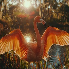 Poster - Flamingo With Wings Spread in Golden Sunlight