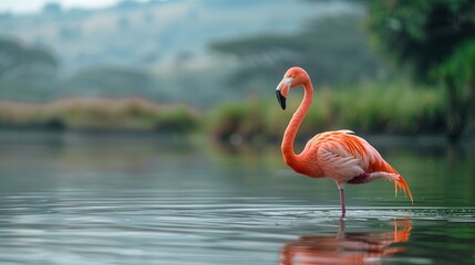 Wall Mural - Pink Flamingo Standing in a Lake