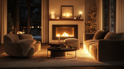 Wall Mural - Cozy Living Room with Fireplace and Soft Lighting