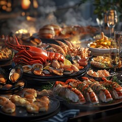 Realistic 3D-rendered seafood dishes showcasing the stunning presentation of the food 16:9