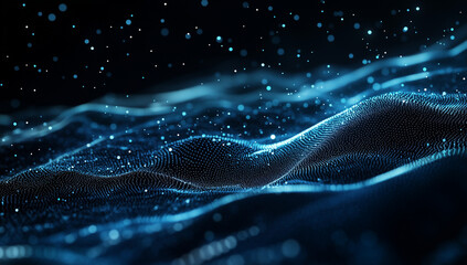 Poster - abstract blue digital background featuring glowing dots and waves of particles against a black space, representing an AI technology concept.