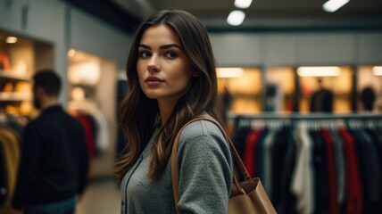 Young woman confidently walking through a busy shopping mall during daytime, with people in the background engaged in various activities