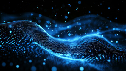 Poster - abstract blue digital background featuring glowing dots and waves of particles against a black space, representing an AI technology concept.