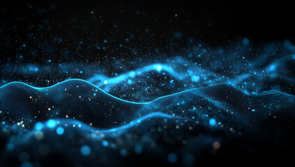 Poster - abstract blue digital background featuring glowing dots and waves of particles against a black space, representing an AI technology concept.