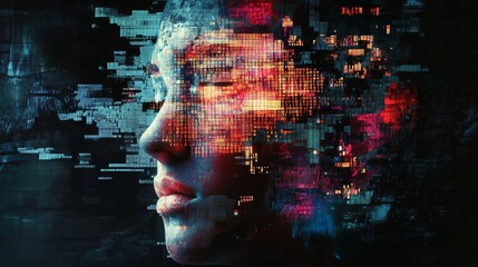 Poster - Close-up of a digital face fragmenting into pixels and data on a dark background. Symbolizes digital identity and cybersecurity threats.
