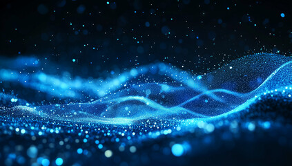 Poster - abstract blue digital background featuring glowing dots and waves of particles against a black space, representing an AI technology concept.