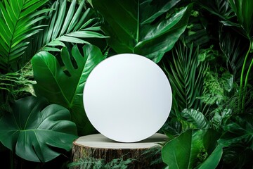 White round template podium mockup for natural organic cosmetic product presentation ad concept on green eco forest fresh leaves nature flat lay background, with generative ai