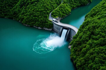 Aufkleber - Clean energy and hydropower are showcased in a realistic photo of a dam in action, with water cascading down its side