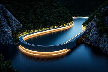 Fototapete - Cost-effective hydropower and clean energy are highlighted in a minimalist design of a streamlined dam with a flowing river