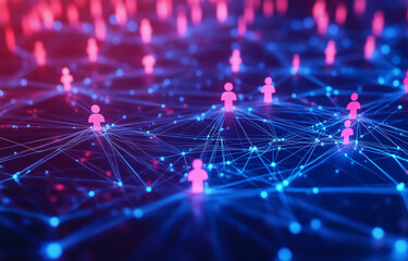 Poster - abstract digital network with glowing connections and people figures, representing global connectivi