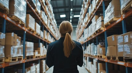 Wall Mural - Woman Standing in a Warehouse Aisle Surrounded by Pallets of Boxes