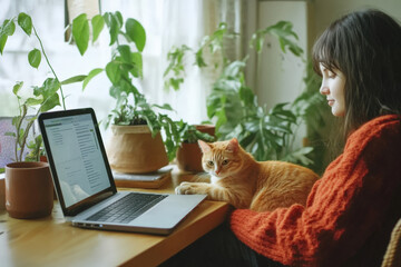 Poster - Woman is working on her laptop with her cat sitting on the desk beside her in her home office