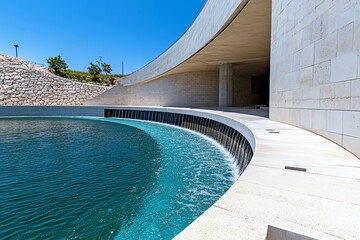 Poster - Cost-effective hydropower and sustainable energy are showcased in a minimalist design focusing on the sleek lines of a dam against a neutral background