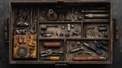 Poster - An Assortment of Rusty Tools and Hardware in a Worn Wooden Box