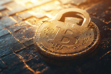 Poster - Golden bitcoin coin is laying on a dark textured metal surface, illuminated with warm lighting
