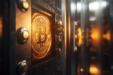 Poster - Bitcoin digital cryptocurrency coin being mined in server room farm
