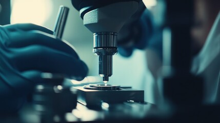 Poster - Close-up of a Precision Machine with a Gloved Hand in the Background