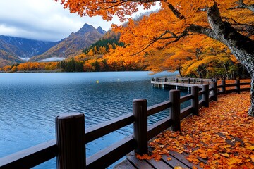 Wall Mural - Enchanting Autumn Cool, Breezy, and Walking depicted in a lakeside walk where the cool breeze carries the scent of fallen leaves, and the path is lined with trees in full autumn color