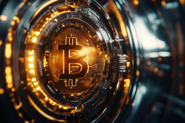 Poster - Golden glowing bitcoin symbol inside an abstract technological structure, suggesting the concept of cryptocurrency mining