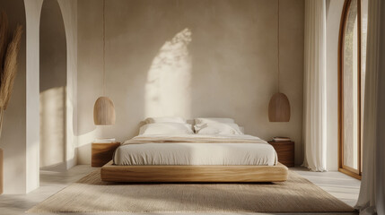 Wall Mural - A bedroom with a white bed and a brown wooden dresser