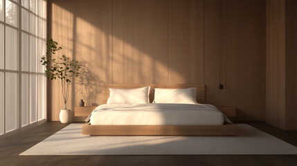 Wall Mural - A bedroom with a white bed and a brown wooden dresser