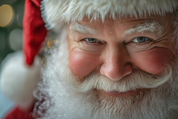 smiling man with a beard and mustache wearing a red hat and a red shirt. He is a Santa Claus