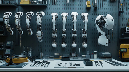 Advanced robotic prosthetics organized on a modern industrial workbench