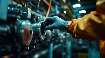 Poster - Close-up of a gloved hand operating a heavy industrial machine.