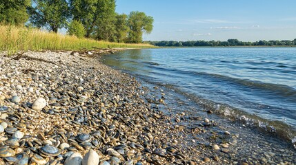 A shoreline with zebra mussels scattered along the water's edge, illustrating their impact on ecosystems.