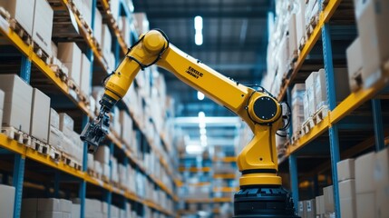 Poster - Yellow Robotic Arm in a Warehouse with Shelves of Boxes