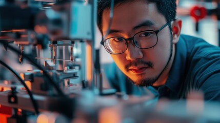 Poster - Close-up of a man wearing glasses and looking intently at machinery