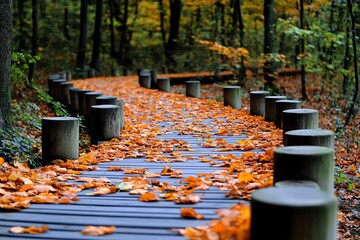 Wall Mural - Enchanting Autumn Orange, Falling Leaves, and Forest Path depicted in a serene scene where vibrant orange leaves fall gently onto a forest path, creating a carpet of color that invites a peaceful