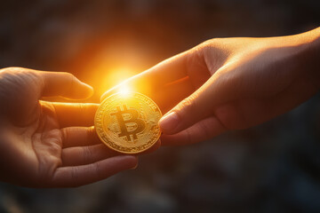 Poster - Two businesspeople exchanging a bitcoin with a bright light effect at sunset time