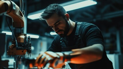 Poster - Man Working with an Industrial Robotic Arm in a Factory Setting