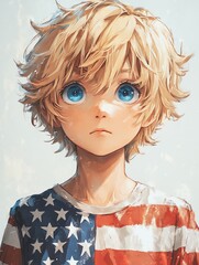 A portrait of a young boy with blonde hair and striking blue eyes, wearing a shirt decorated with the American flag.