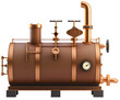 © Nemanja - Boiler, a copper industrial metal equipment, pressure valve and pipe heat tank control, steam engineering technology and machinery in a vintage steampunk setting, isolated on transparent background