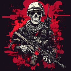 Skeleton Soldier Holding a Rifle with a Bloody Background